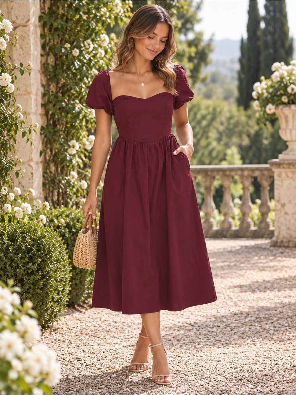 NWT Petal & Pup Remira Midi Dress Puff Sleeve Cotton Cherry Pockets